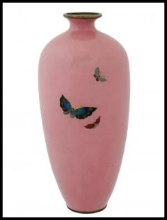 Antique Japanese Cloisonne Cotton Candy Pink Enamel Butterfly Vase - 3904287