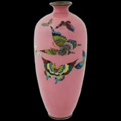 Antique Japanese Cloisonne Cotton Candy Pink Enamel Butterfly Vase - 3904288