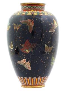 Antique Japanese Cloisonne Enamel Butterfly Black Goldstone Vase Honda Y - 4202528