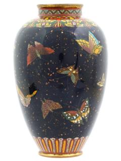 Antique Japanese Cloisonne Enamel Butterfly Black Goldstone Vase Honda Y - 4202529