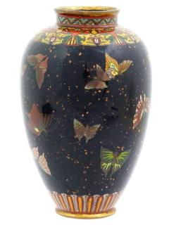 Antique Japanese Cloisonne Enamel Butterfly Black Goldstone Vase Honda Y - 4202532