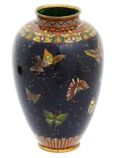 Antique Japanese Cloisonne Enamel Butterfly Black Goldstone Vase Honda Y - 4202534
