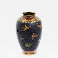 Antique Japanese Cloisonne Enamel Butterfly Black Goldstone Vase Honda Y - 4203999