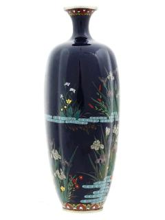 Antique Japanese Cloisonne Midnight Blue Enamel Floral Vase With Cranes Hayashi - 4155913