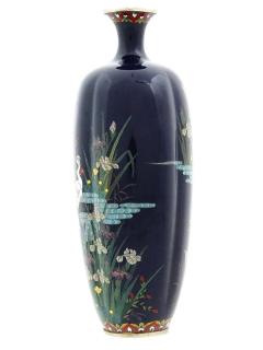 Antique Japanese Cloisonne Midnight Blue Enamel Floral Vase With Cranes Hayashi - 4155914