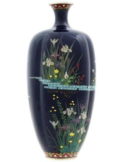 Antique Japanese Cloisonne Midnight Blue Enamel Floral Vase With Cranes Hayashi - 4155925