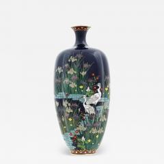 Antique Japanese Cloisonne Midnight Blue Enamel Floral Vase With Cranes Hayashi - 4159506