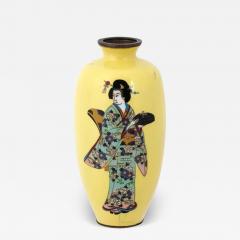 Antique Japanese Geisha Yellow Cloisonne Enamel Vase - 3934296