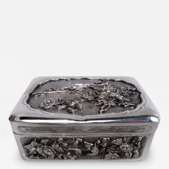 Antique Japanese Meiji Silver Box with Birds Blossoming Branches - 3828848