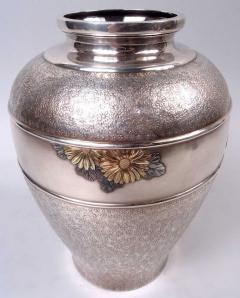 Antique Japanese Meiji Silver Daisy Vase with Applied Gold Flowers - 4337397