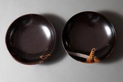 Antique Japanese Round Black Lacquer Box with Wheels in Flowing Stream - 4155694