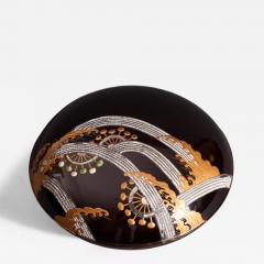 Antique Japanese Round Black Lacquer Box with Wheels in Flowing Stream - 4159528