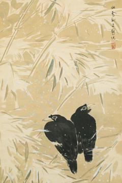 Antique Japanese Scroll Crows in Snowy Landscape - 4124491