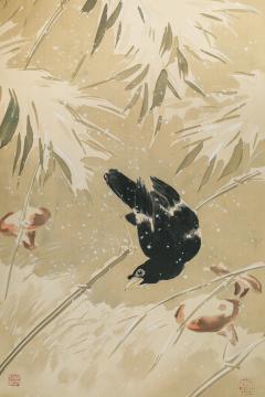 Antique Japanese Scroll Crows in Snowy Landscape - 4124496
