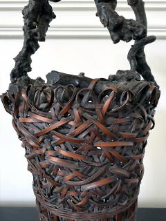 Antique Japanese Smoke Bamboo Basket with Wisteria Root Handle Meiji Period - 4638963