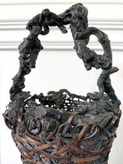 Antique Japanese Smoke Bamboo Basket with Wisteria Root Handle Meiji Period - 4638965