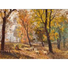 Antique Jeno Dukai Takach Hungarian Oil Painting of Sheep in a Landscape - 4549797