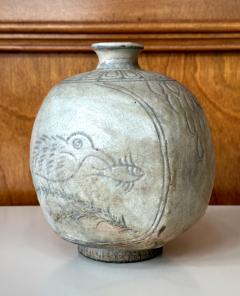Antique Korean Buncheong Flat Bottle Vase with Incised Designs - 3614451