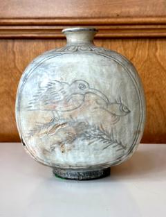 Antique Korean Buncheong Flat Bottle Vase with Incised Designs - 3614453