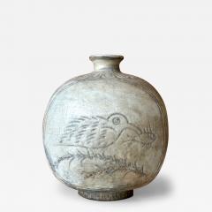 Antique Korean Buncheong Flat Bottle Vase with Incised Designs - 3615191