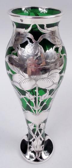 Antique La Pierre American Art Nouveau Green Silver Overlay Vase - 4206182