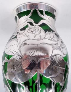 Antique La Pierre American Art Nouveau Green Silver Overlay Vase - 4206280