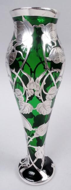 Antique La Pierre American Art Nouveau Green Silver Overlay Vase - 4206281