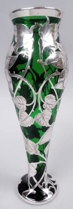Antique La Pierre American Art Nouveau Green Silver Overlay Vase - 4206282