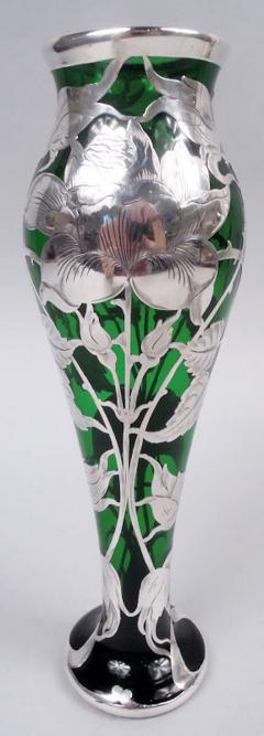 Antique La Pierre American Art Nouveau Green Silver Overlay Vase - 4206285