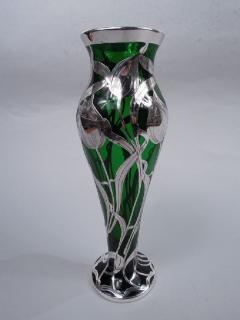 Antique La Pierre Art Nouveau Green Tulip Silver Overlay Vase - 3765205