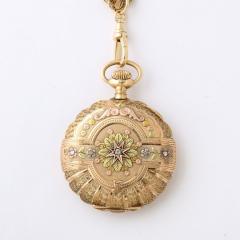 Antique Ladies Hunter Elgin 4 Color Gold Pocket Watch and 18k Gold Chain - 3376068