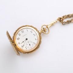 Antique Ladies Hunter Elgin 4 Color Gold Pocket Watch and 18k Gold Chain - 3376174