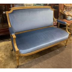 Antique Louis XVI Blue Silk Velvet Giltwood Sofa Settee - 2910026