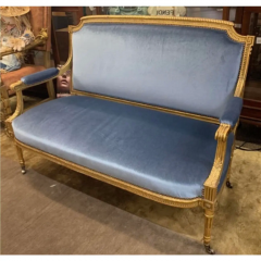 Antique Louis XVI Blue Silk Velvet Giltwood Sofa Settee - 2910028