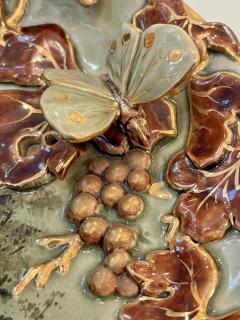 Antique Lun ville French Green Brown Gold Majolica Butterfly Wall Pocket Vase - 4208603