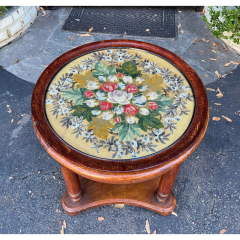 Antique Mahogany Side Table W Petitoint Glass Tray Top - 2850223