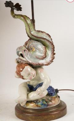 Antique Majolica Pottery Putti Dolphin Figurative Lamp W Custom Shade - 3368101