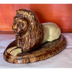 Antique Majolica Pottery Recumbent Lion Sculpture - 2869855