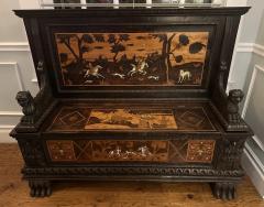 Antique Marquetry Inlaid Horse Dog Hunt Scene Settle Bench - 3935792