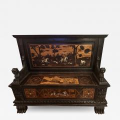 Antique Marquetry Inlaid Horse Dog Hunt Scene Settle Bench - 3940237