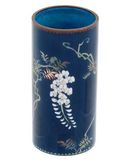 Antique Meiji Japanese Cloisonne Enamel Blue Vase Birds In Wisteria Tree Goto - 4155880