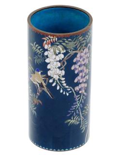 Antique Meiji Japanese Cloisonne Enamel Blue Vase Birds In Wisteria Tree Goto - 4155884