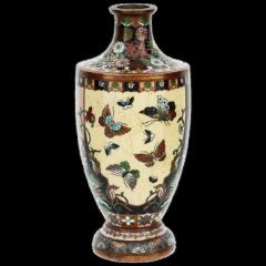 Antique Meiji Japanese Cloisonne Enamel Butterfly and Cranes in Flight Vase - 3904339