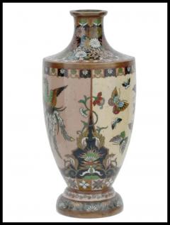 Antique Meiji Japanese Cloisonne Enamel Butterfly and Cranes in Flight Vase - 3904343