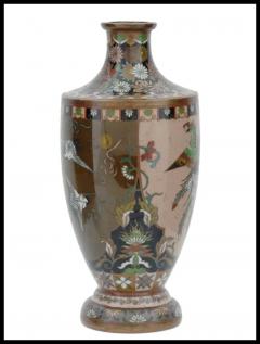 Antique Meiji Japanese Cloisonne Enamel Butterfly and Cranes in Flight Vase - 3904348