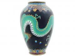 Antique Meiji Japanese Cloisonne Enamel Green Dragon Geometric Pattern Vase - 4155918