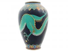 Antique Meiji Japanese Cloisonne Enamel Green Dragon Geometric Pattern Vase - 4155919