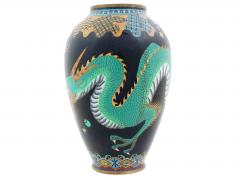 Antique Meiji Japanese Cloisonne Enamel Green Dragon Geometric Pattern Vase - 4155921
