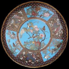 Antique Meiji Japanese Cloisonne Enamel Plate Charger Birds Butterflies - 3902146