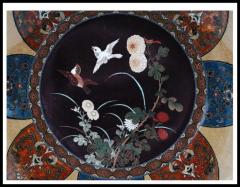 Antique Meiji Japanese Cloisonne Enamel Plate Charger Two Sparrows in Blossoming - 3902154